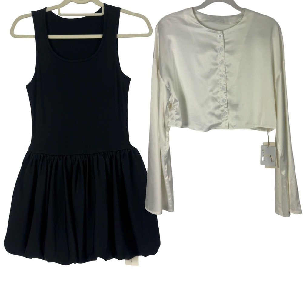 Commense Black Bubble Hem Mini Dress and White Satin Cropped Cardigan Set Size L